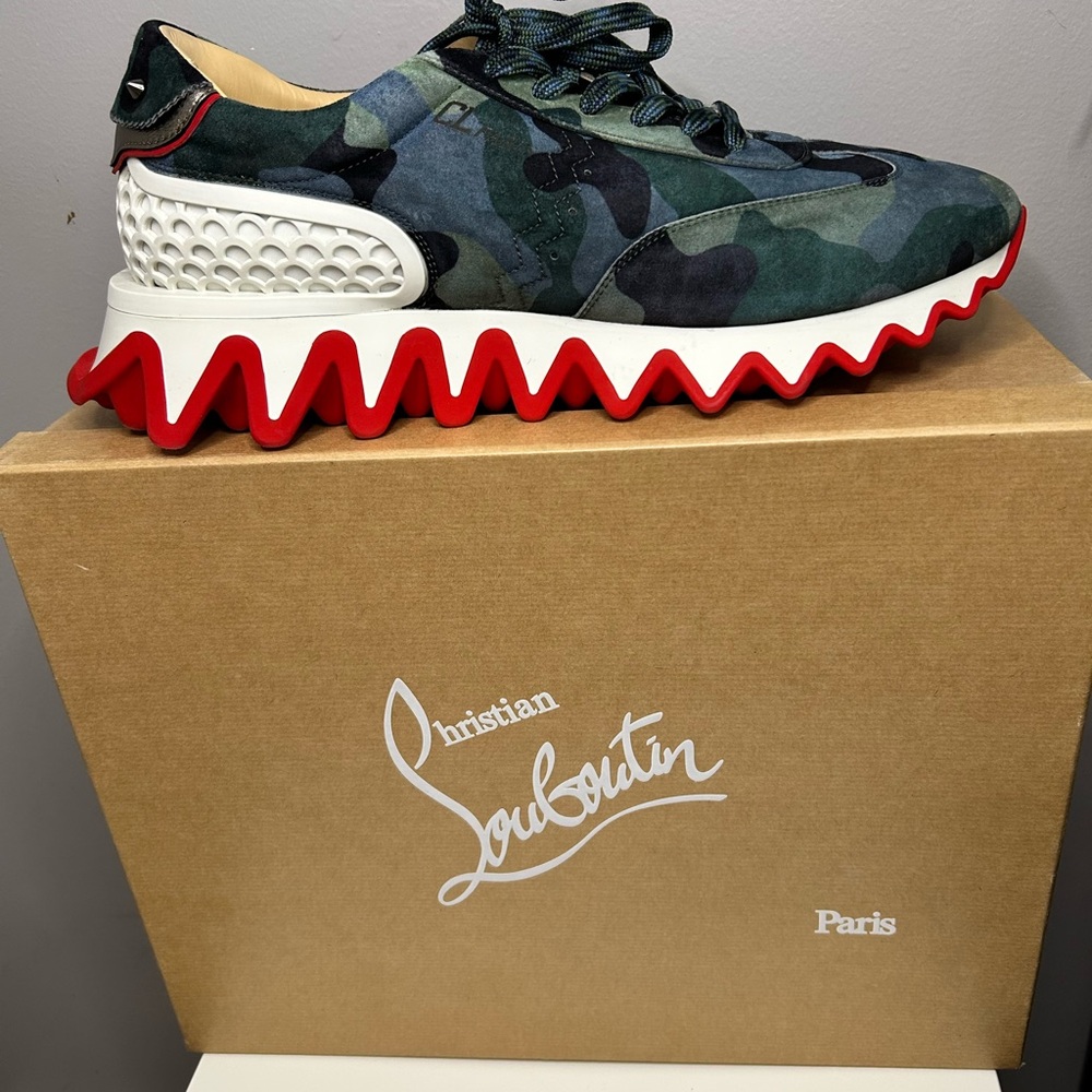 Christian Louboutin Men's Green Camouflage Sneakers with Red Sole